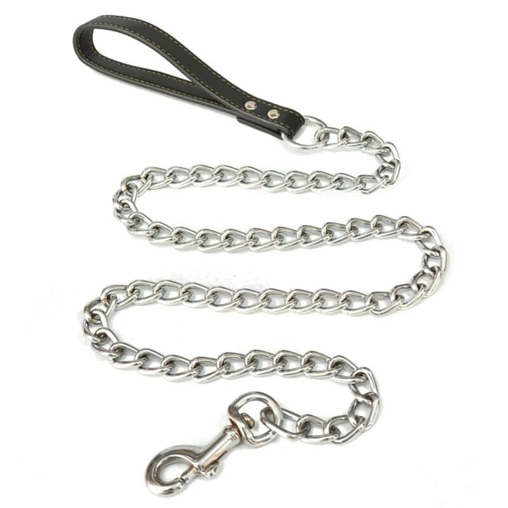 Laisse en métal avec poignée en cuir pour chien – Contrôle ferme et confort (120 cm)