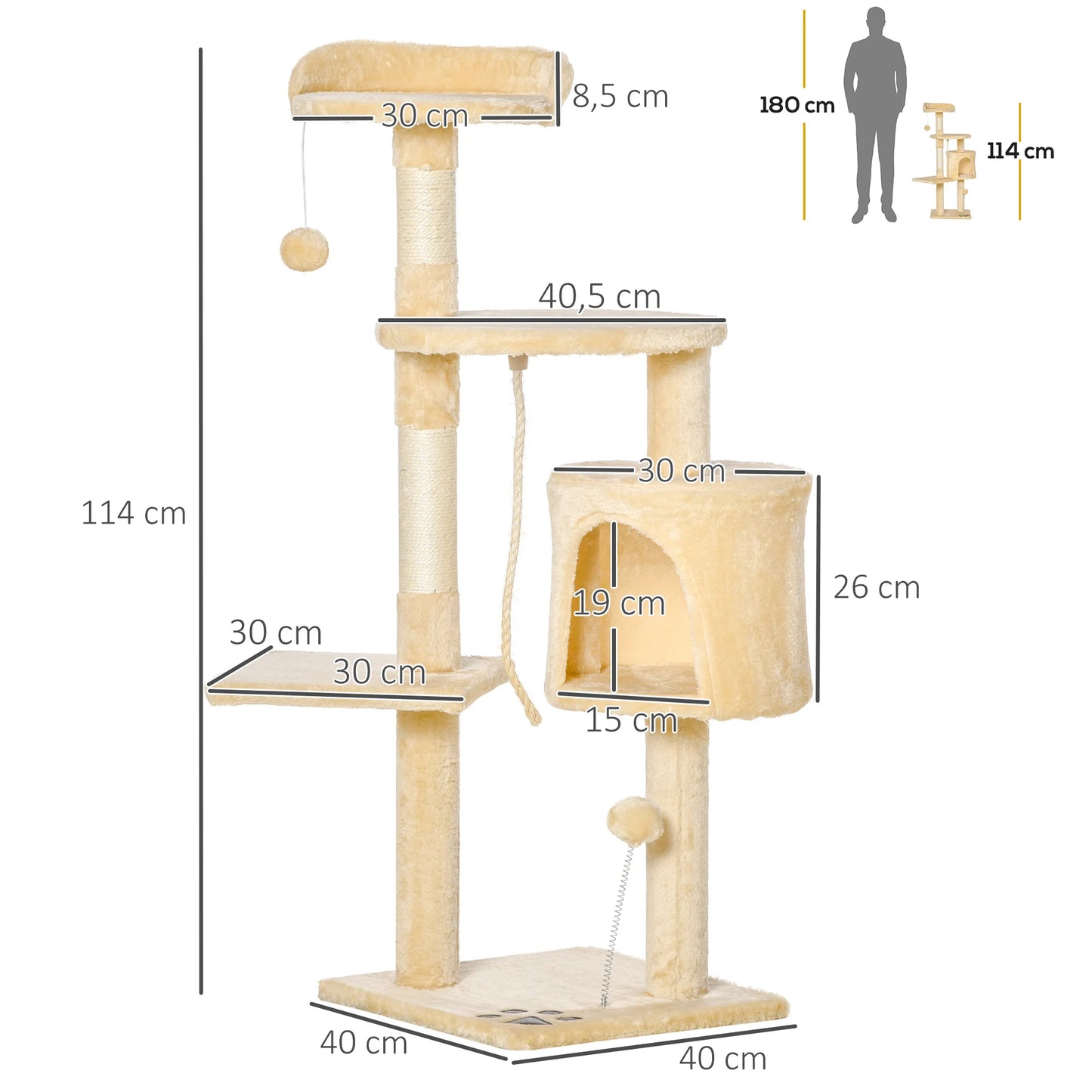 Arbre à Chat PawHut 4 Niveaux – Griffoir Sisal, Cabane, Plateformes & Balles, 114 cm