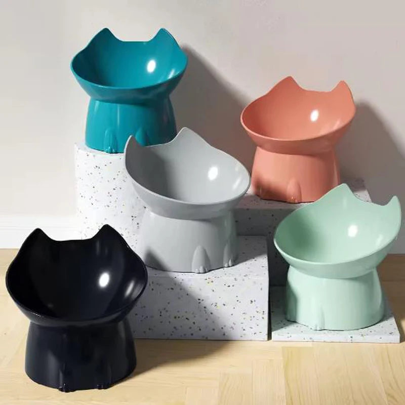 Verhoogde voerbak voor katten met lange oren en hoge poten, die de nek van katten en honden beschermt, en een kantelbestendige voerbak van kunststof.