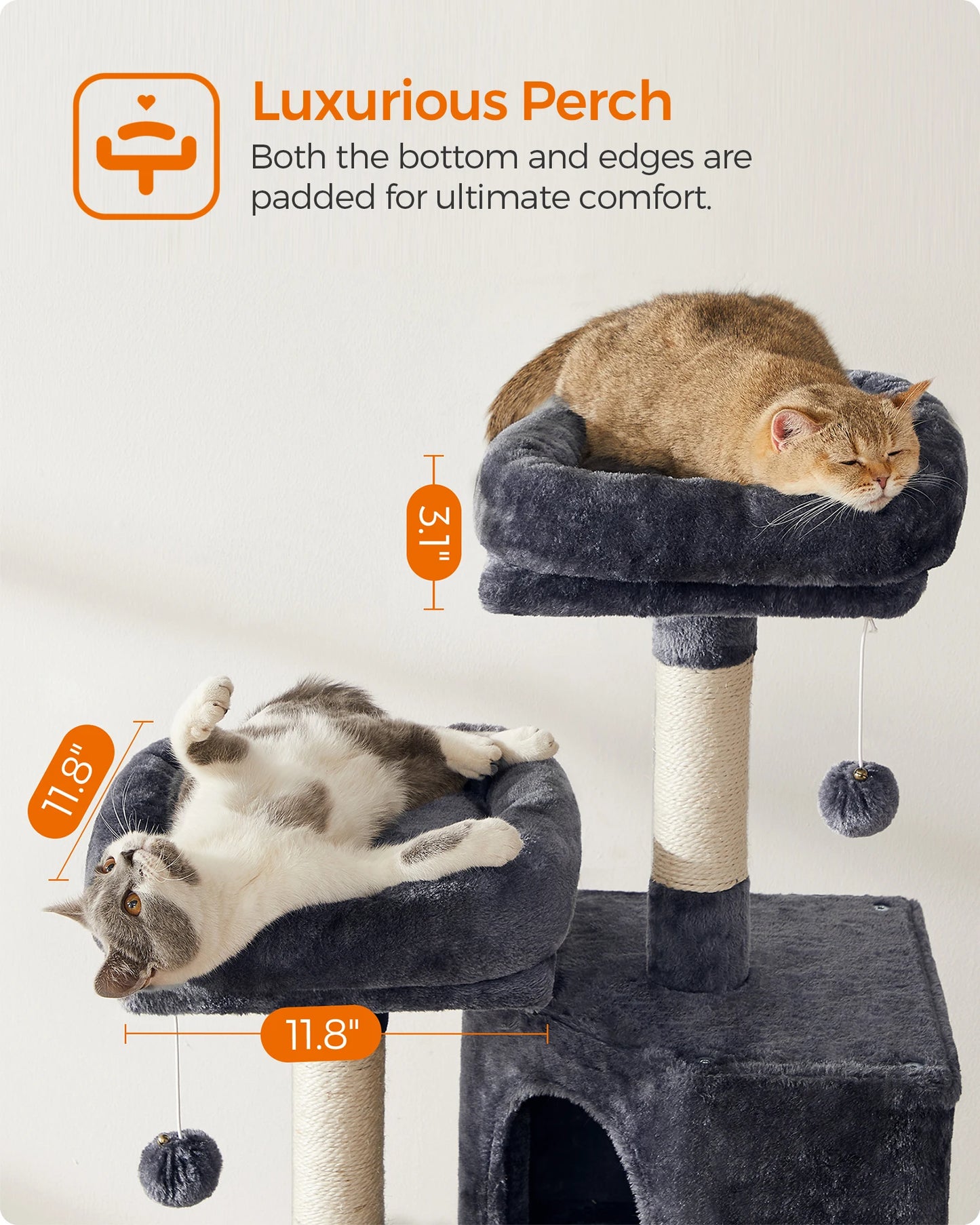 Arbre à chat FEANDREA 115 cm – Niche, plateformes & griffoir sisal