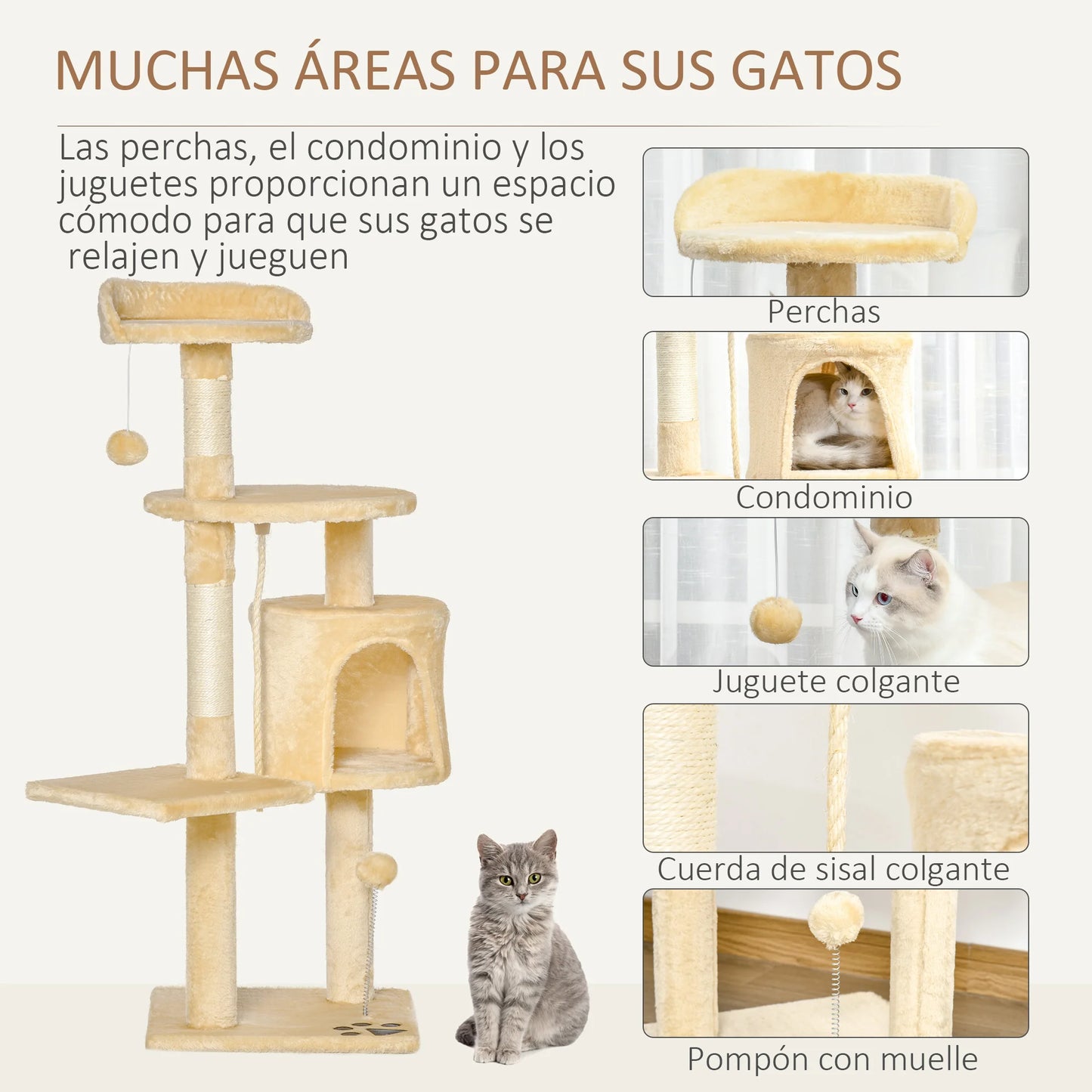Arbre à Chat PawHut 4 Niveaux – Griffoir Sisal, Cabane, Plateformes & Balles, 114 cm