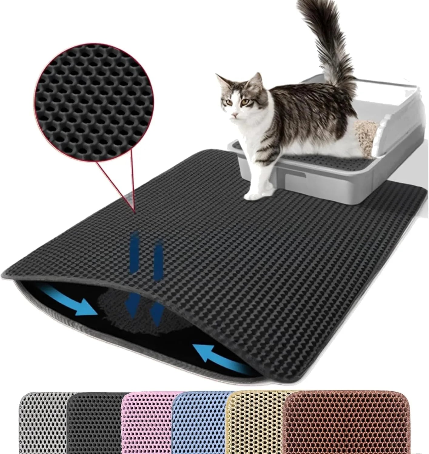 Dubbellaagse kattenbakmat, slijtvast, waterdicht en antislip.
