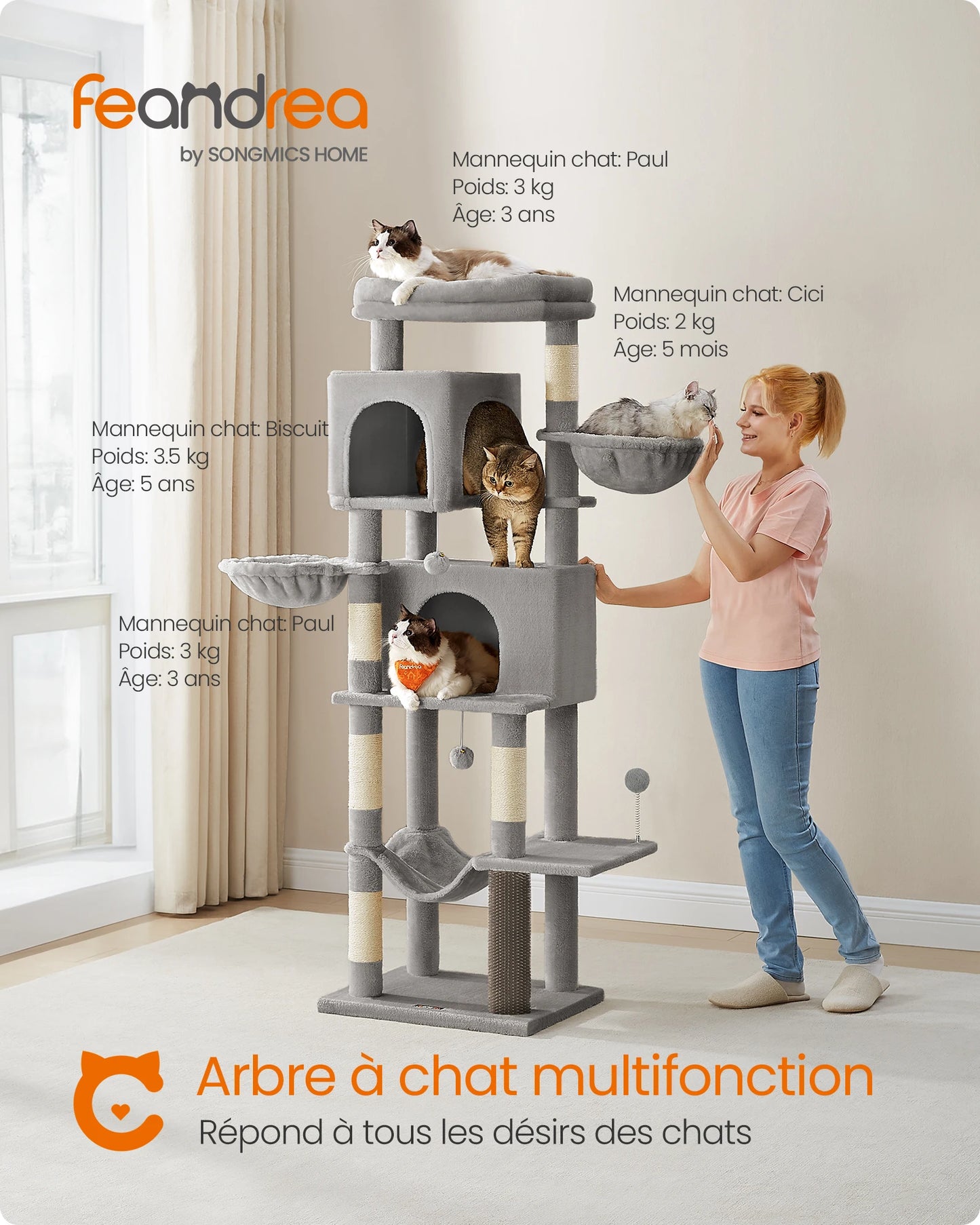 Arbre à chat FEANDREA 175 cm – 2 niches, 2 paniers & 5 griffoirs sisal