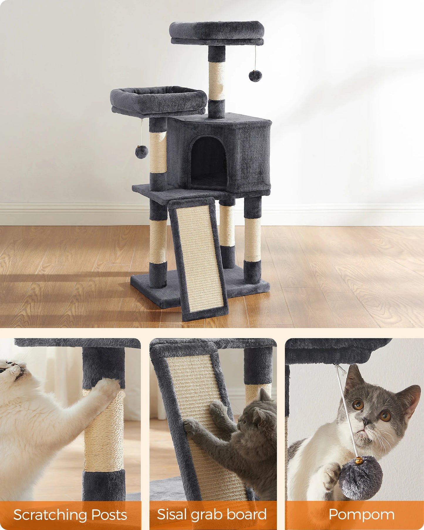 Arbre à chat FEANDREA 115 cm – Niche, plateformes & griffoir sisal