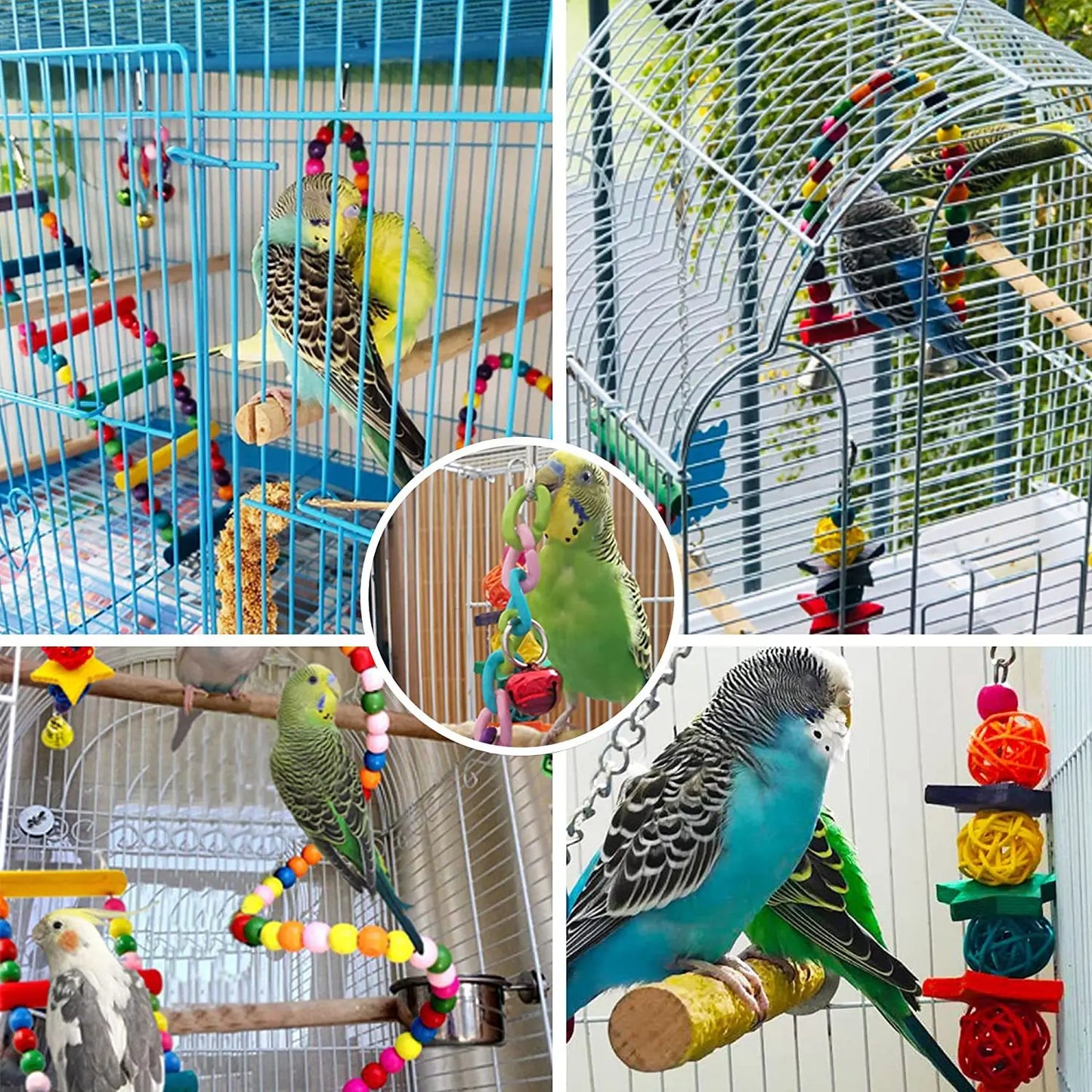 Set de 7 Jouets en Bois pour Perroquet – Balançoire, Pont, Cloches & Plus