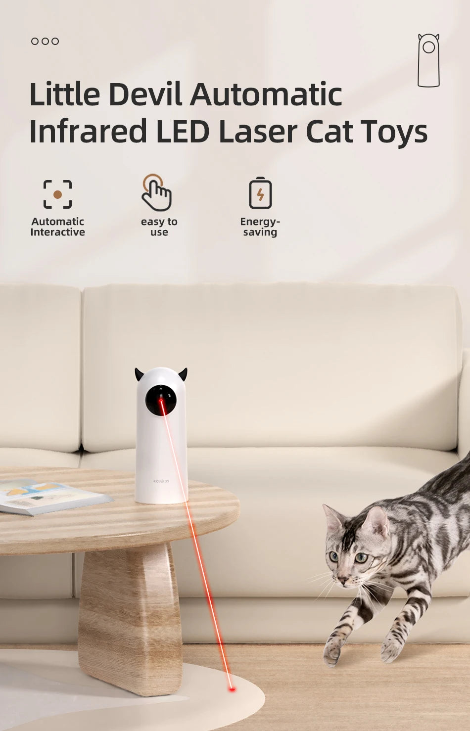 Jouet Laser LED Automatique pour Chat – Pointeur Interactif Intelligent ROJECO, Blanc