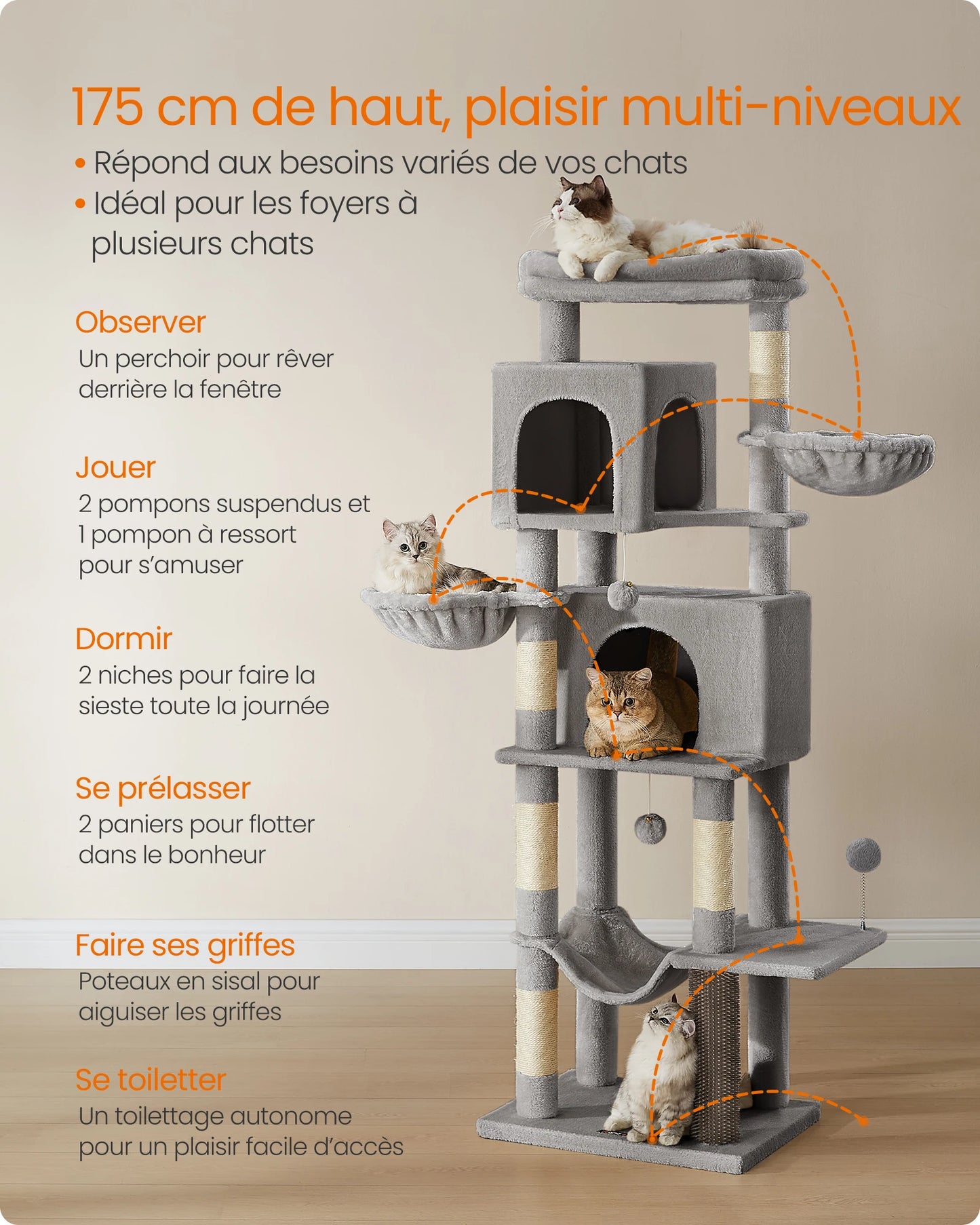 Arbre à chat FEANDREA 175 cm – 2 niches, 2 paniers & 5 griffoirs sisal
