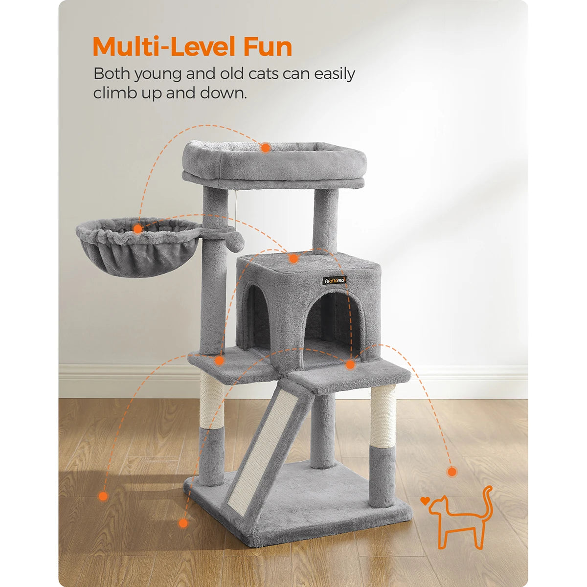 Arbre à chat FEANDREA 96 cm – Hamac, niche 2 portes & griffoir sisal