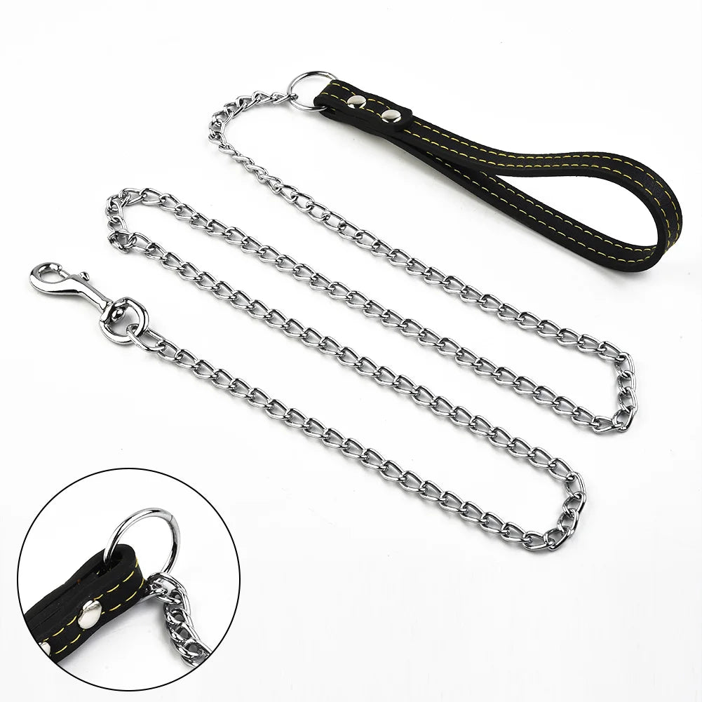 Laisse en métal avec poignée en cuir pour chien – Contrôle ferme et confort (120 cm)