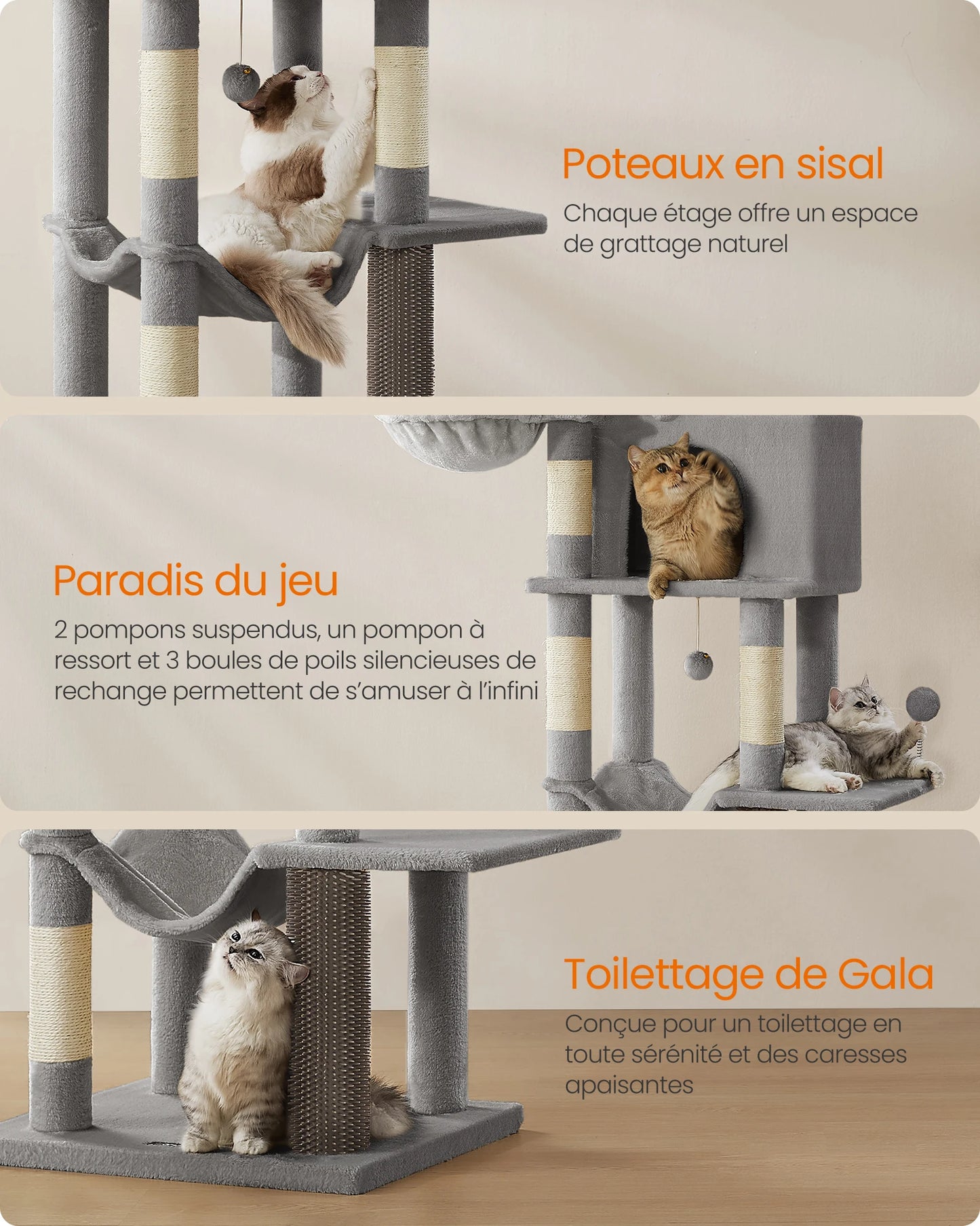 Arbre à chat FEANDREA 175 cm – 2 niches, 2 paniers & 5 griffoirs sisal