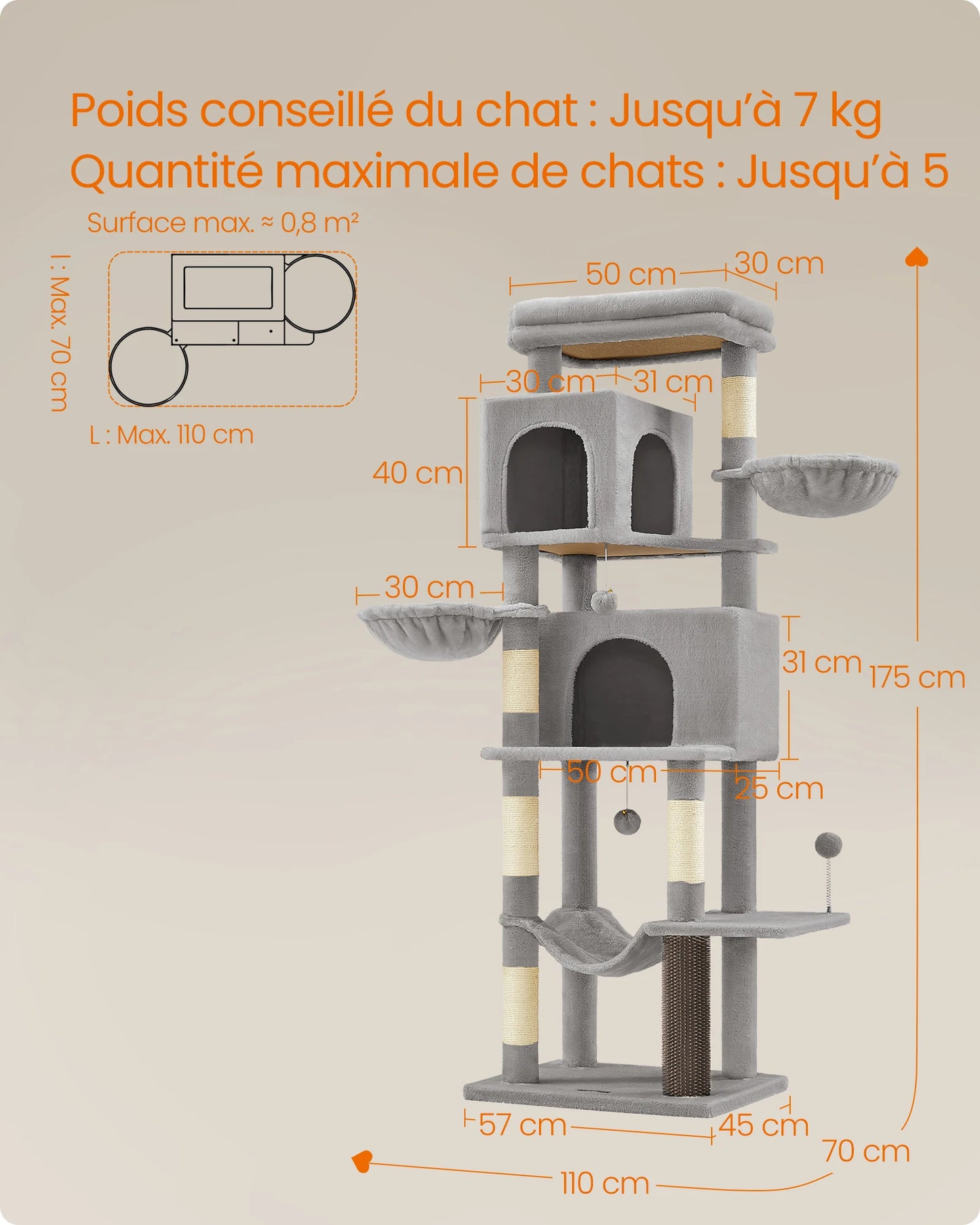 Arbre à chat FEANDREA 175 cm – 2 niches, 2 paniers & 5 griffoirs sisal