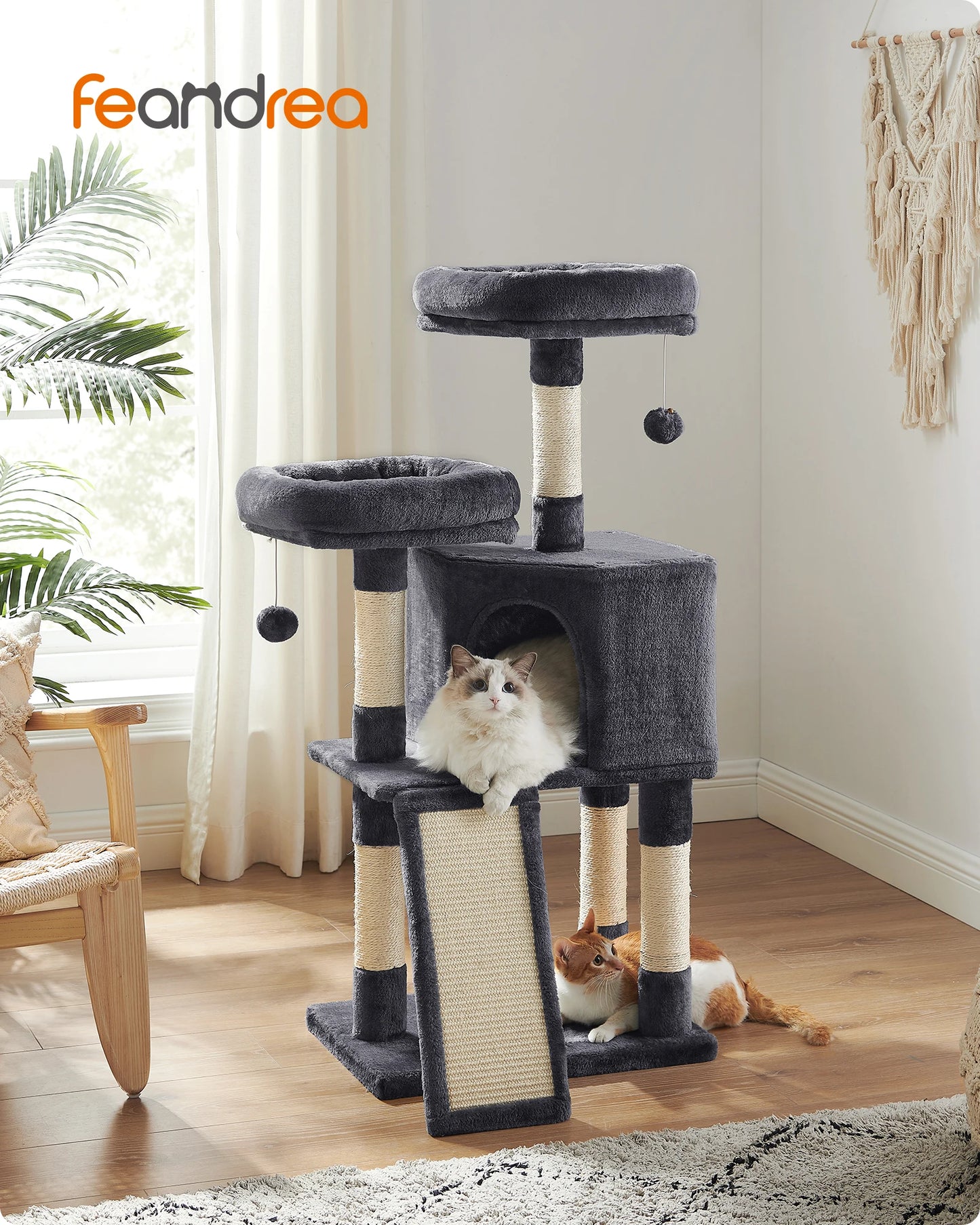 Arbre à chat FEANDREA 115 cm – Niche, plateformes & griffoir sisal