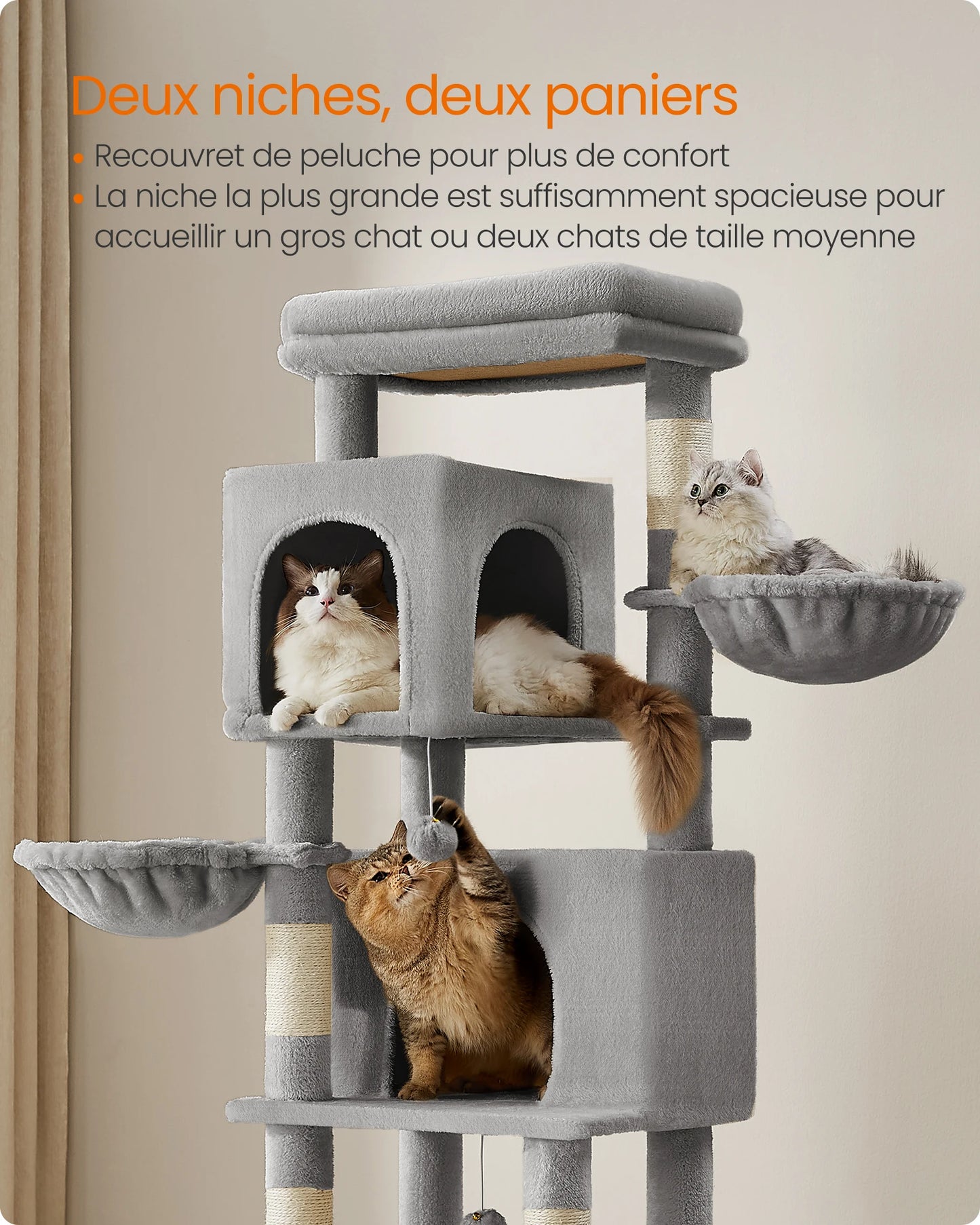 Arbre à chat FEANDREA 175 cm – 2 niches, 2 paniers & 5 griffoirs sisal