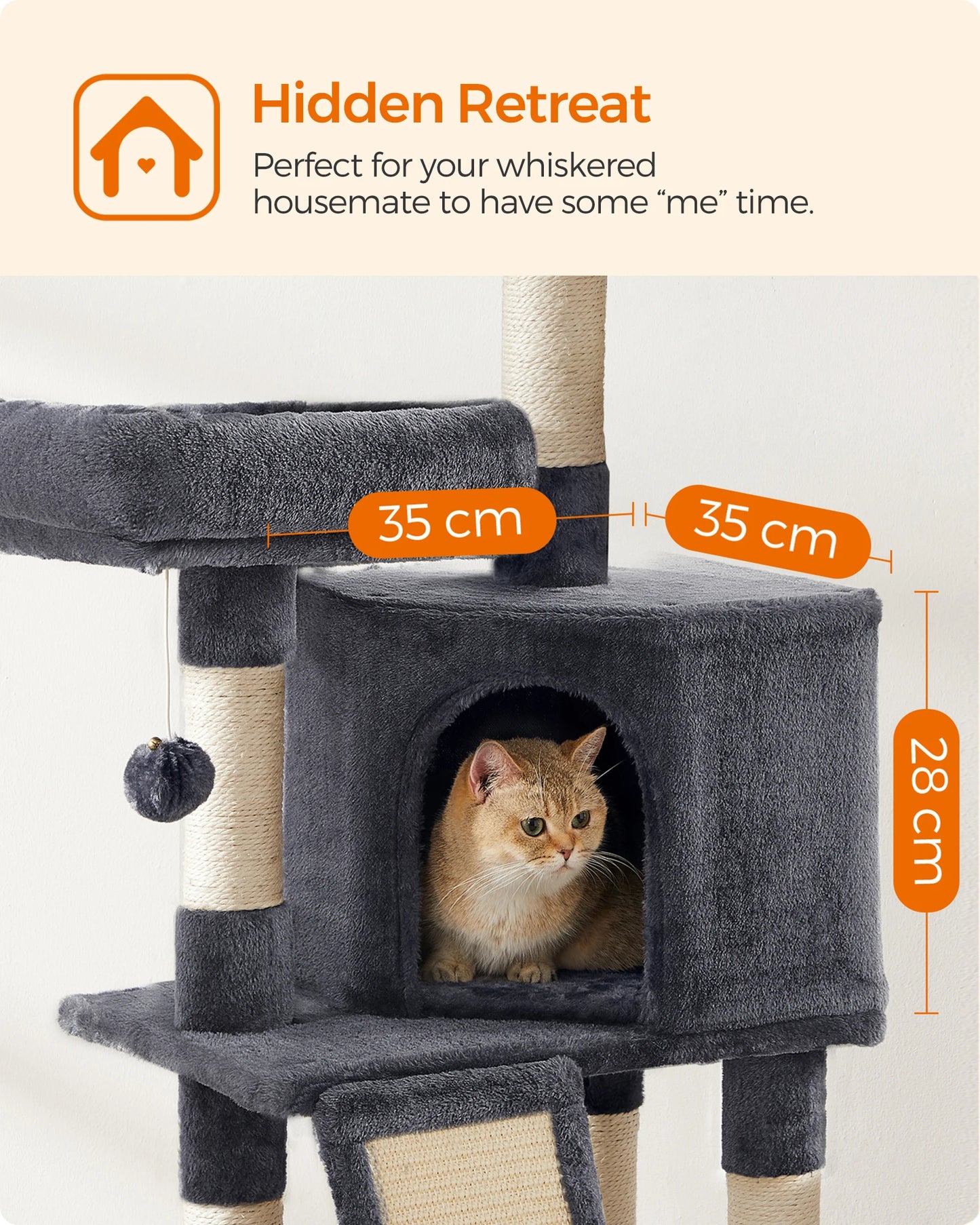 Arbre à chat FEANDREA 115 cm – Niche, plateformes & griffoir sisal