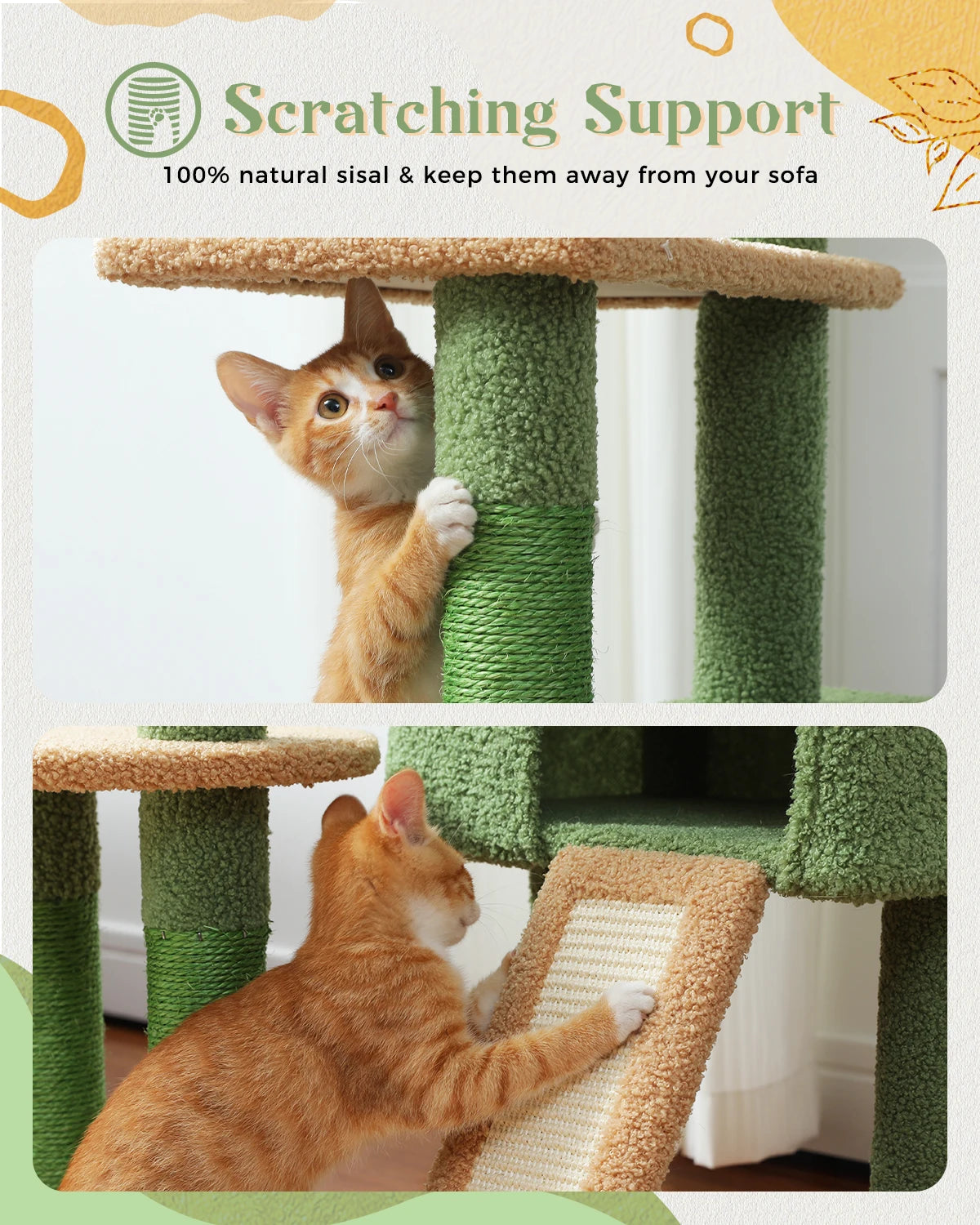 Arbre à Chat PETEPELA Design Cactus – 4 Niveaux, Griffoirs Sisal, Cabane & Perchoir, 135 cm