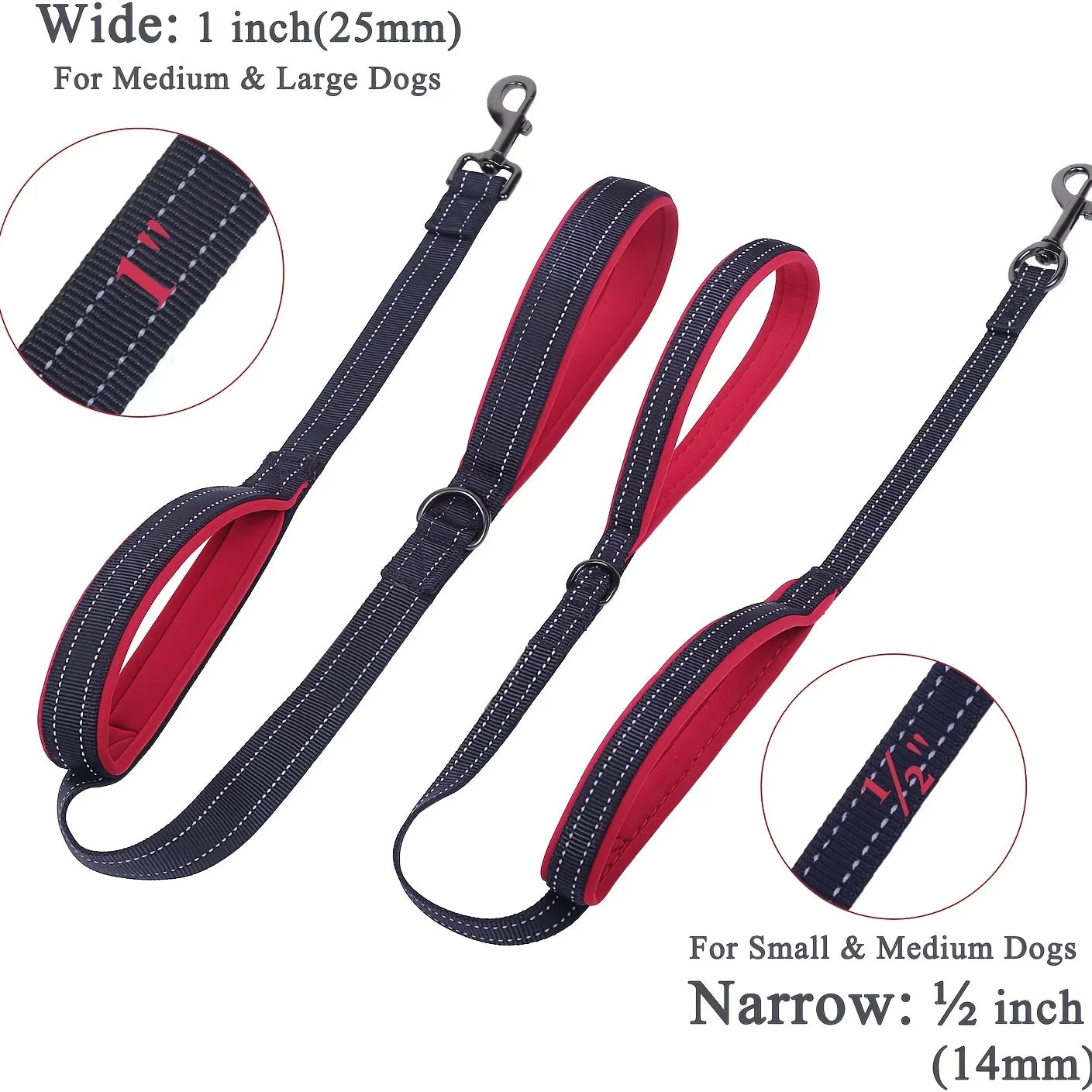 Laisse chien double poignée réfléchissante – Nylon robuste, L 150 cm & XL 180 cm