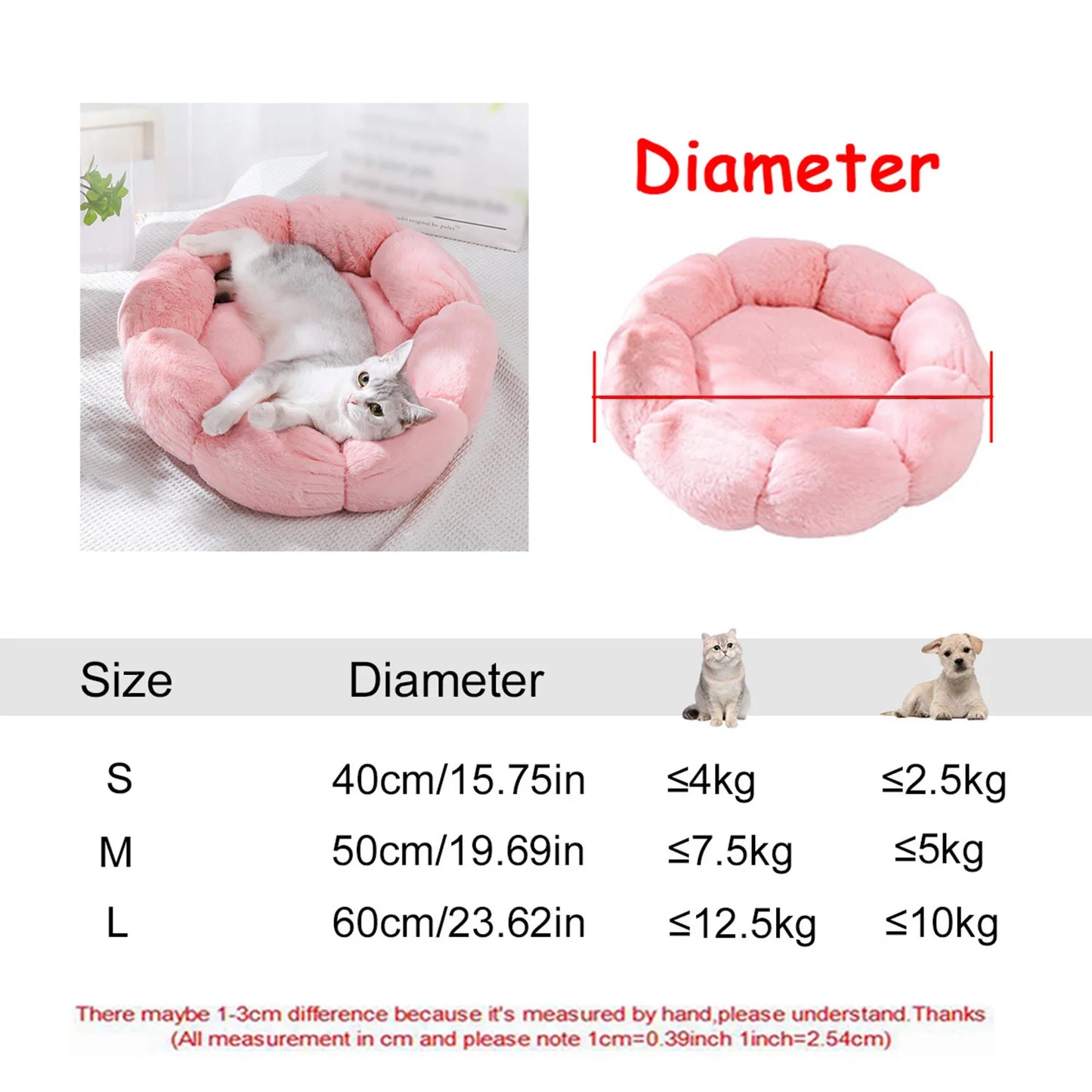 Lit rond en peluche pour chien et chat – Lavable, toutes saisons (40 à 90 cm)