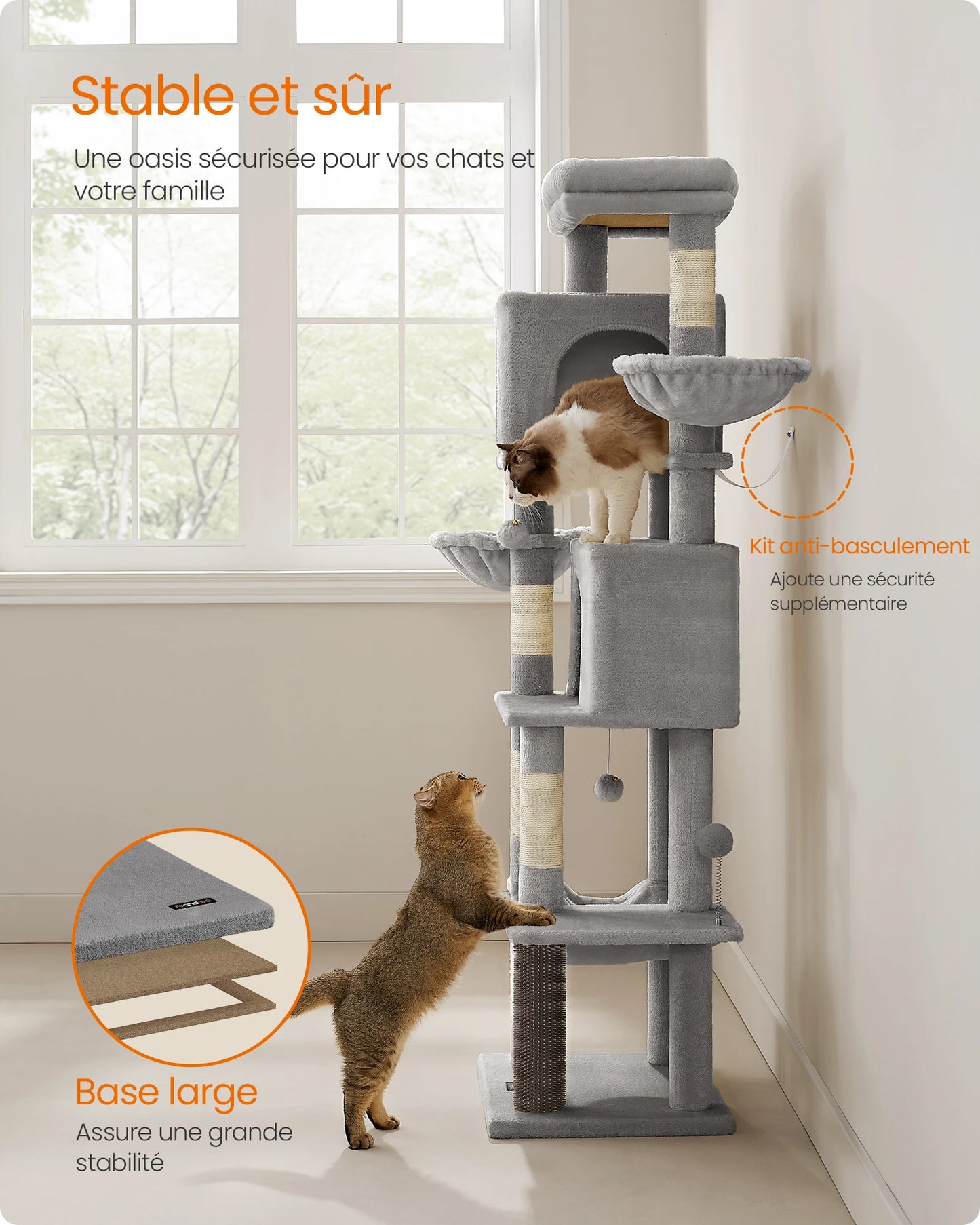 Arbre à chat FEANDREA 175 cm – 2 niches, 2 paniers & 5 griffoirs sisal