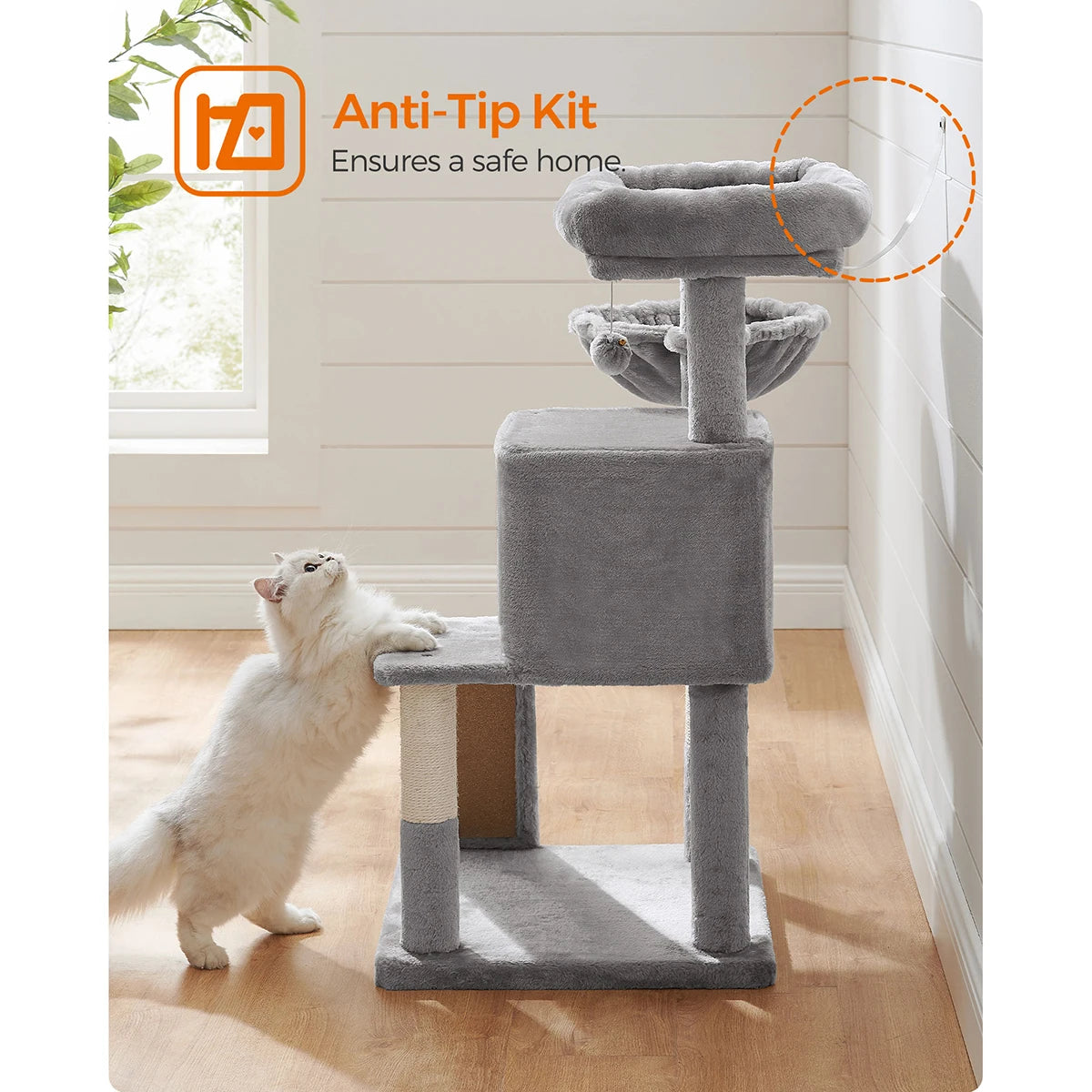 Arbre à chat FEANDREA 96 cm – Hamac, niche 2 portes & griffoir sisal