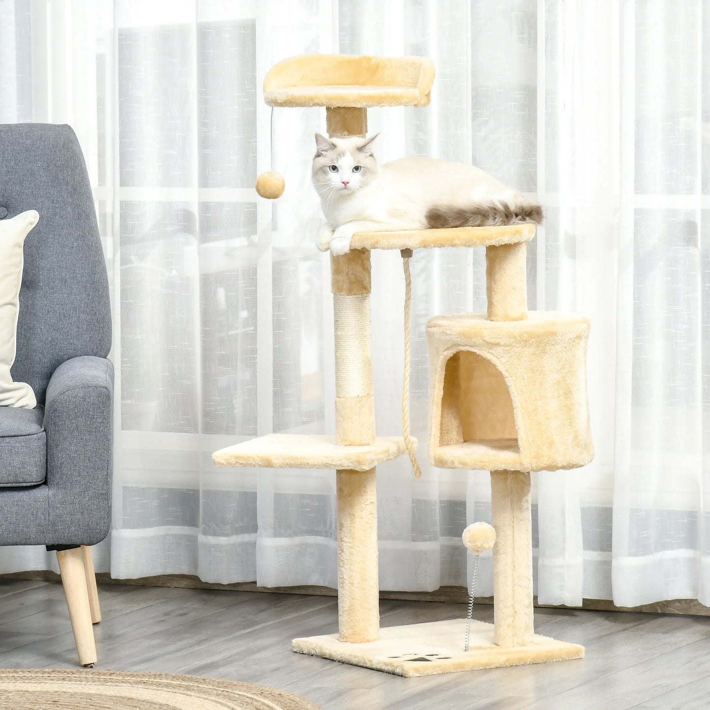 Arbre à Chat PawHut 4 Niveaux – Griffoir Sisal, Cabane, Plateformes & Balles, 114 cm