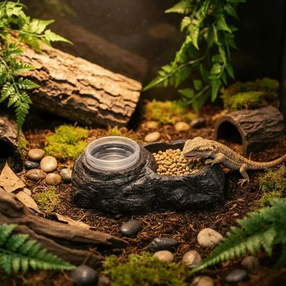 Plat d'alimentation en résine imitation pierre, résistant à l'usure, avec bols, bol pour nourriture de reptile, empêche les déversements, anti-choc