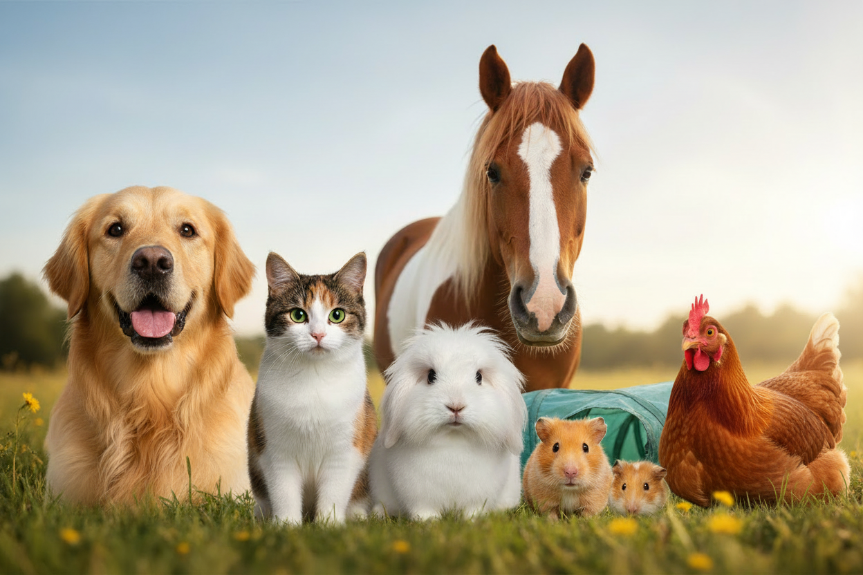 Bannière avec chien, chat, cheval, lapin, hamster, cochon d'Inde et poules