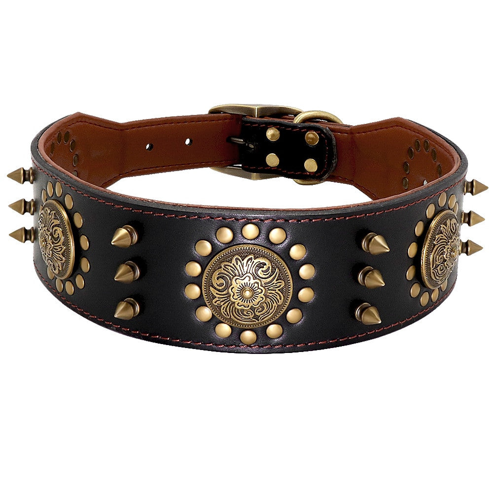 Collier en Cuir à Pointes pour Chien – Réglable, Noir & Marron